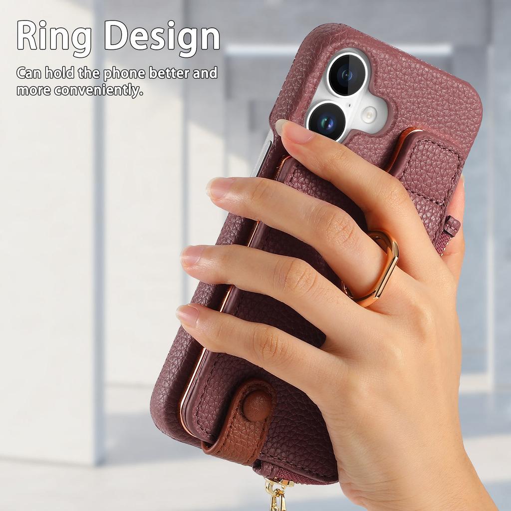 Y3 For iPhone 16 Case Card Holder Kickstand Leather+TPU Phone Cover with Zipper Pocket - Purple