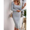 Autumn Winter Square Collar Solid Knitting Bodycon Dress Women Long Sleeve Temperament Slit Slim Robe Vestidos