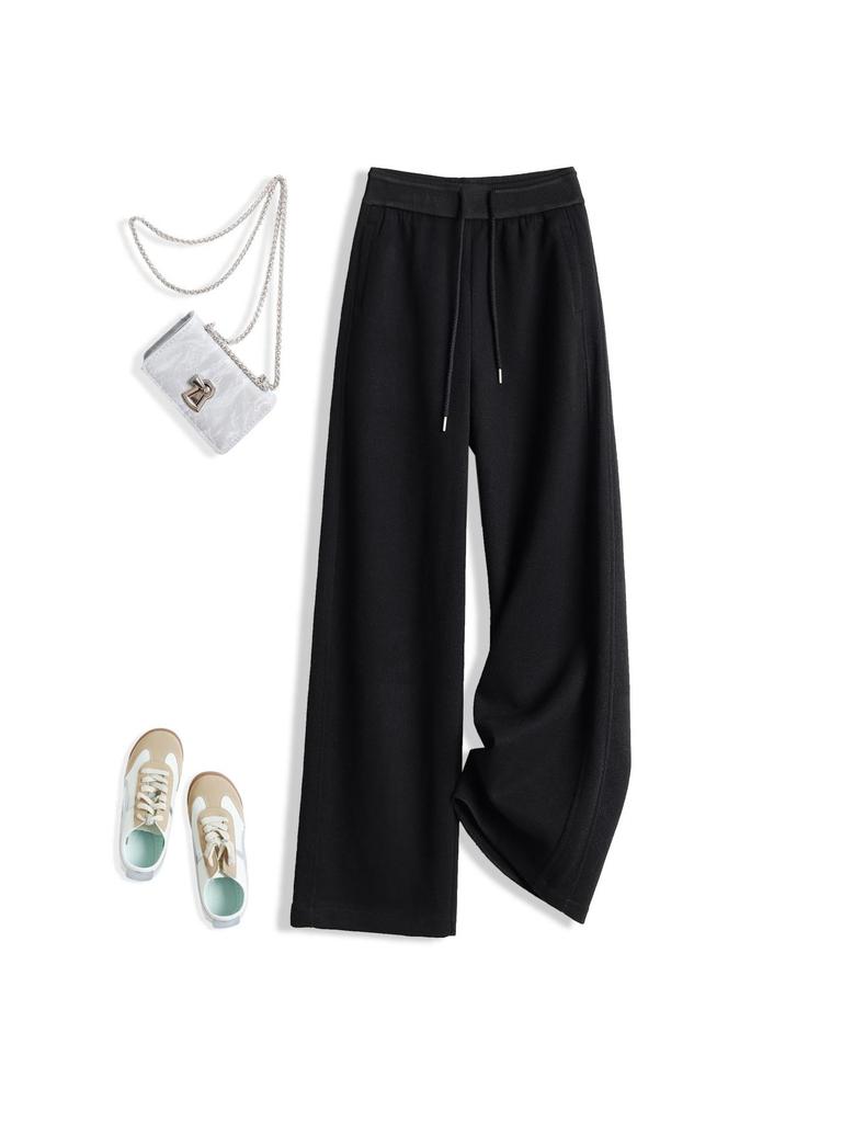 Женские светло-серые шерстяные брюки с высокой посадкой и широкими штанинами - Повседневные осенние прямые спортивные брюки длиной до пола