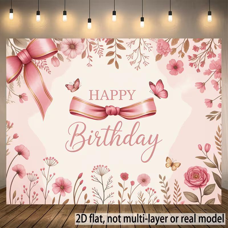 2D Butterfly Floral Happy Birthday Backdrop Soft Pink Bow Background for Women Birthday Party Photo Booth