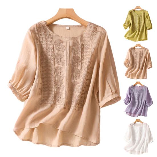 Женский летний топ с цветочной вышивкой, винтажная летняя блузка с круглым вырезом и половиной рукавов, тонкая Свободная летняя блузка в этническом стиле для свиданий, женская одежда
