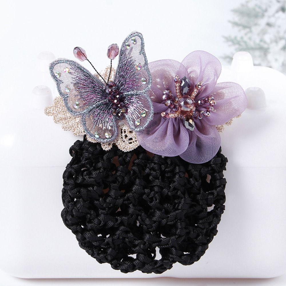 Butterfly Flower Elastic Hair Net Rhinestone Beads Decor Hair Bun Holder Hotel Staff Uniform