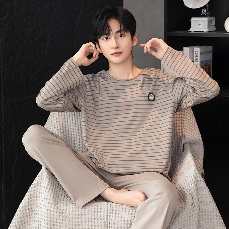 Two Pieces Set Men's Cotton Pajamas Set Long Sleeves Sleeping Top Pant Nightwear Big Size L-3XL Pyjamas Young Boy Pijamas Hombre