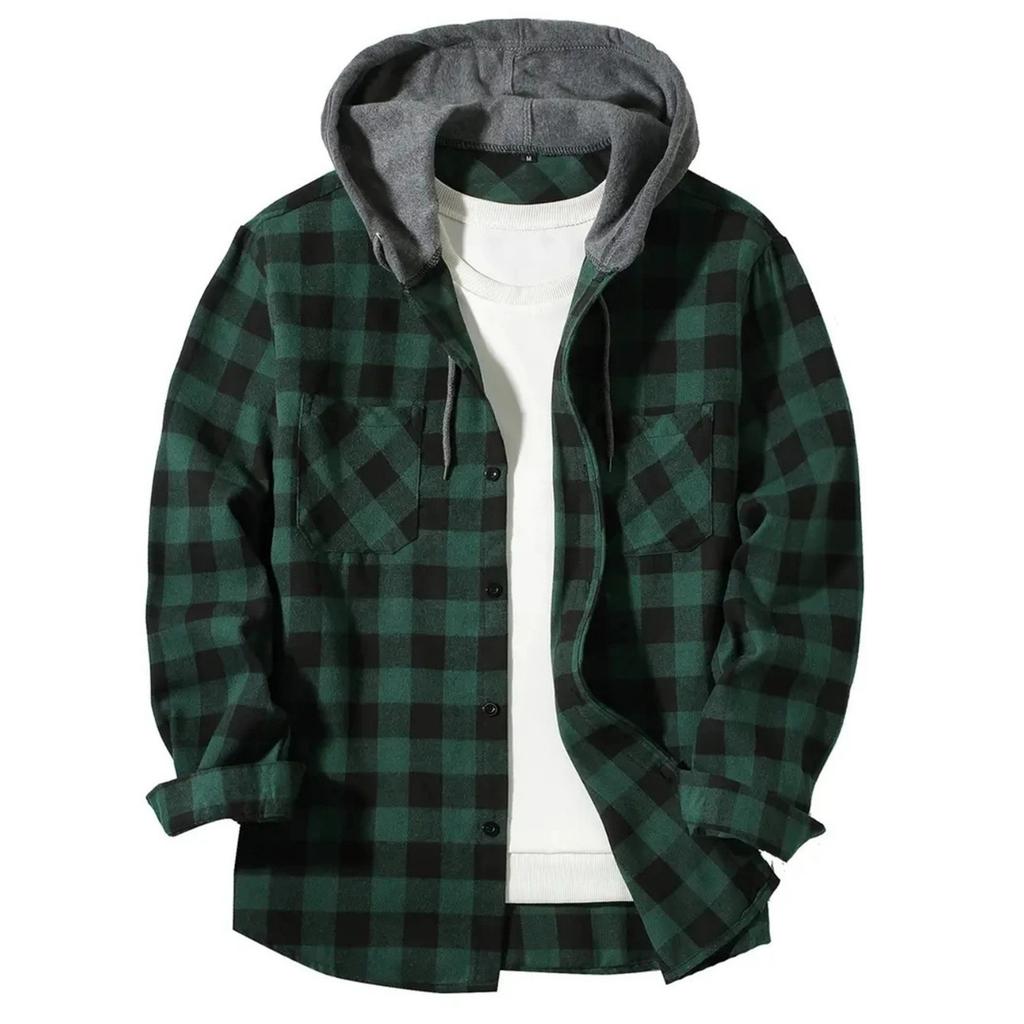 Men's Casual Long-Sleeve Loose-Fit Hooded Plaid Pocketed Shirt