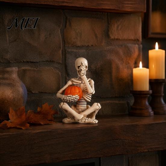 Alternative Home Accessories Vintage Skeleton Holding Pumpkin Statue, Halloween Resin Figurine, Gothic Decoration Desktop Ornament for Entryway