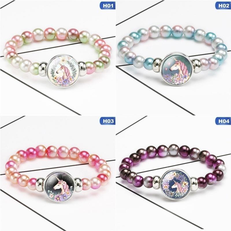 12 Styles Rainbow Unicorn Glass Beads Bracelets & Bangles For Kids Girls Party Accessories Gifts