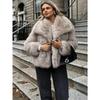 Women Fashion Cropped Faux Fur Jacket Coat Long Sleeve Front Snap-button Female Outerwear Chic Lapel Collar Thick Coat