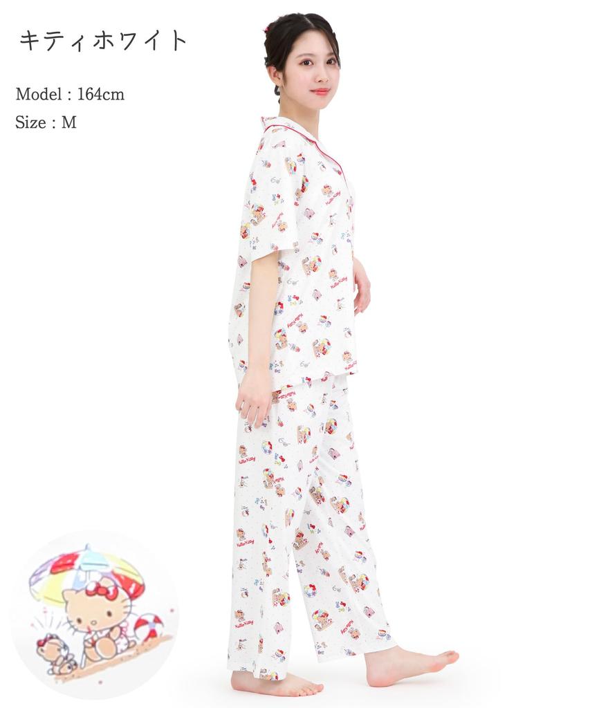 Персиковая футболка Hello Kitty сбоку, короткий длинный верх и низ, домашняя одежда [SAZAC], пижама, 100% хлопок, поплин, женская, рукава, брюки, комплект, домашняя одежда,