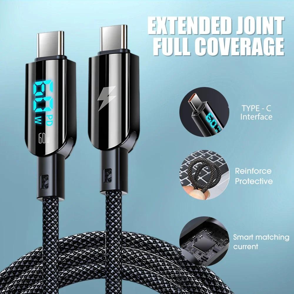 60 Вт кабель для быстрой зарядки типа C со светодиодным цифровым дисплеем, зарядный шнур USB C для iPhone 15 Pro Max, Samsung, Xiaomi, PD, линия передачи данных