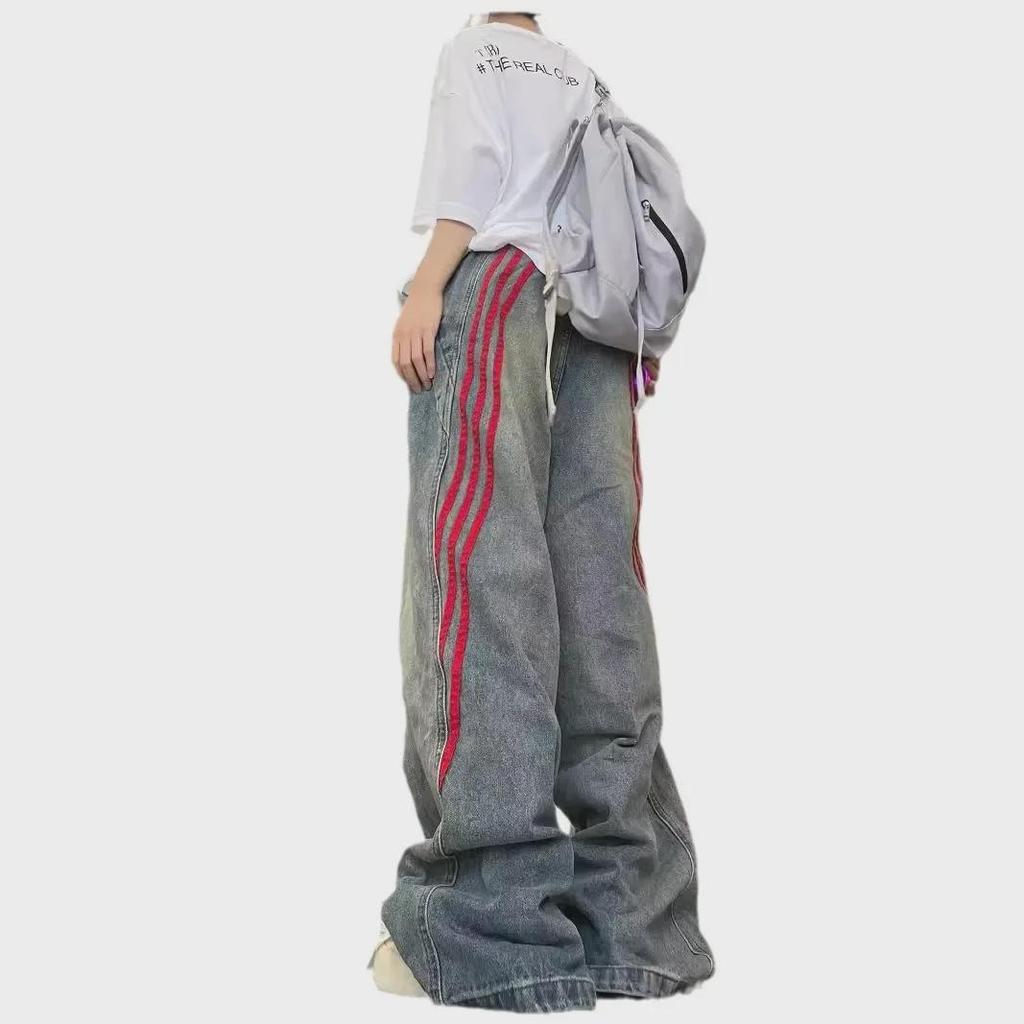 Джинсы унисекс с потертостями и полосками, коллекция весна 2024 г., свободный широкий крой