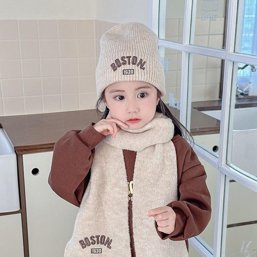 BOSTON Embroidery Scarf Hat Set Windproof Ear Protection Hat New Beanie Hat  For 2-8Y