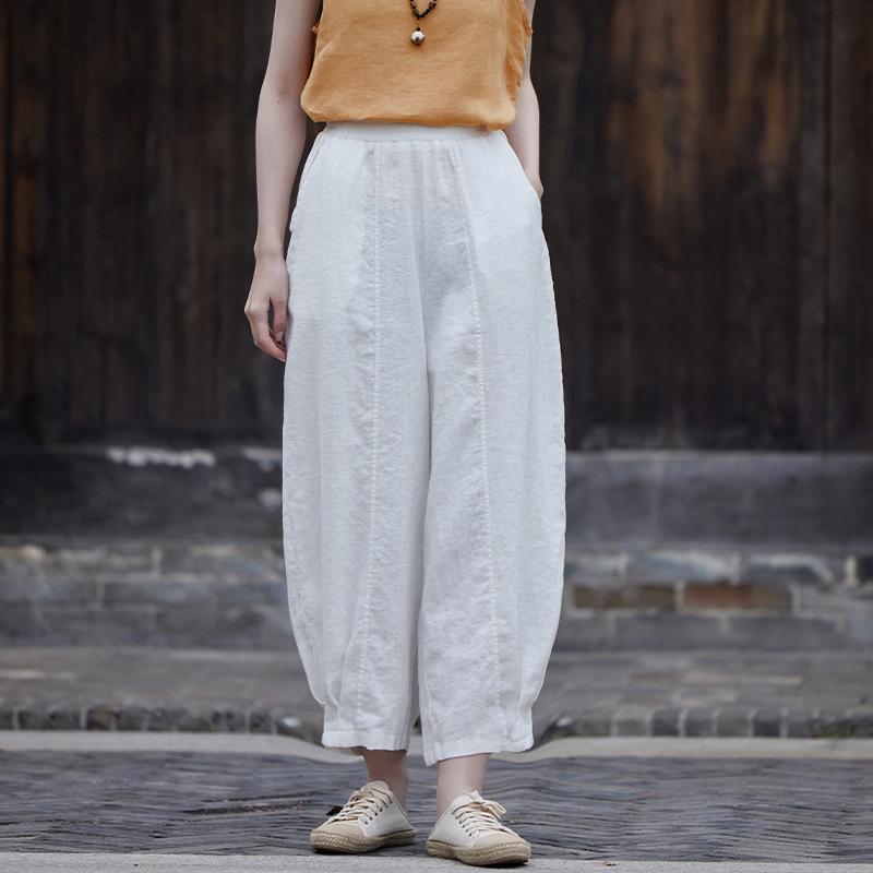 Johnature Женские винтажные шаровары с эластичной резинкой на талии, однотонные льняные брюки, осенние повседневные брюки до щиколотки