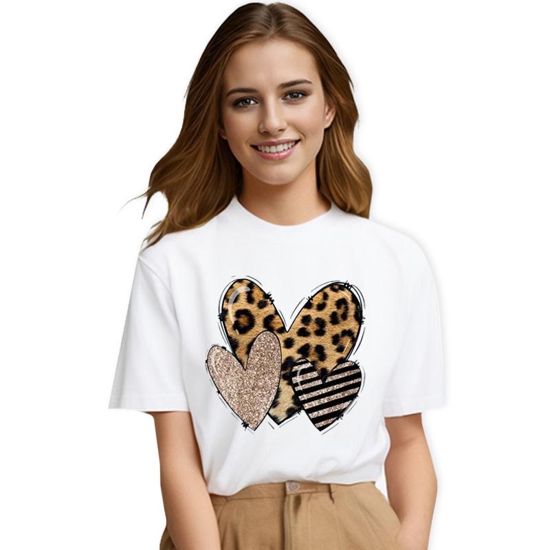 Леопардовый узор с сердечком для женщин, летняя милая модная футболка для девочек, повседневная футболка с коротким рукавом, милая женская футболка, одежда
