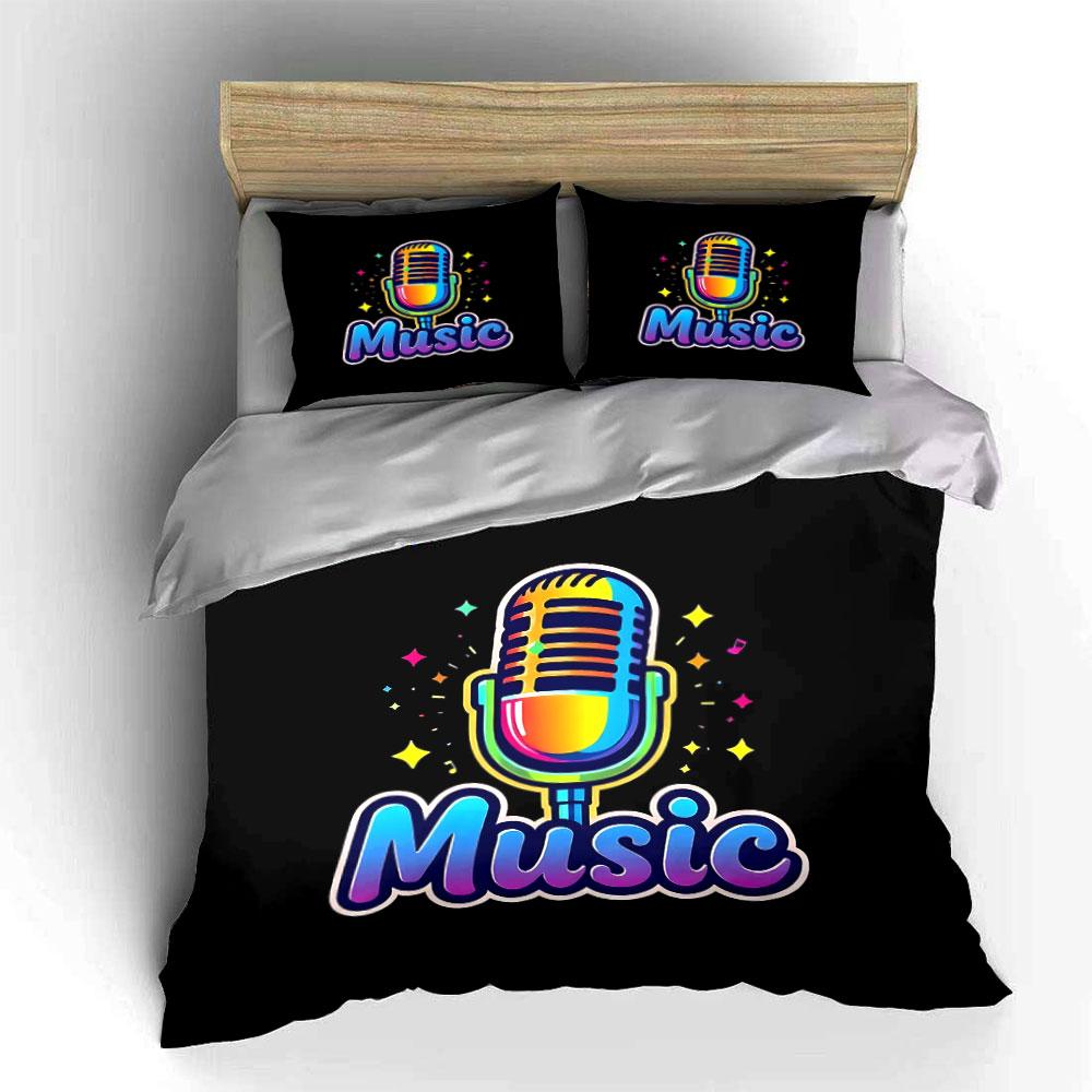 Colorful Retro Microphone with "Music" Print Bedding Set Duvet Cover Pillowcases (1* Duvet Cover 2* Pillowcases Do Not Include Comforter)