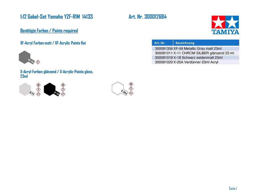Tamiya Parts Series 84 Yamaha Front Fork Set Model 12684 1/12 Detail-Up No. YZF-R1M (Plastic Kit)