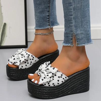 Сандалии 9 см танкетка каблуки платформы тапочки женские туфли бант аппликация лента горошек снежинка ткань бант шлепанцы легкие шлепанцы