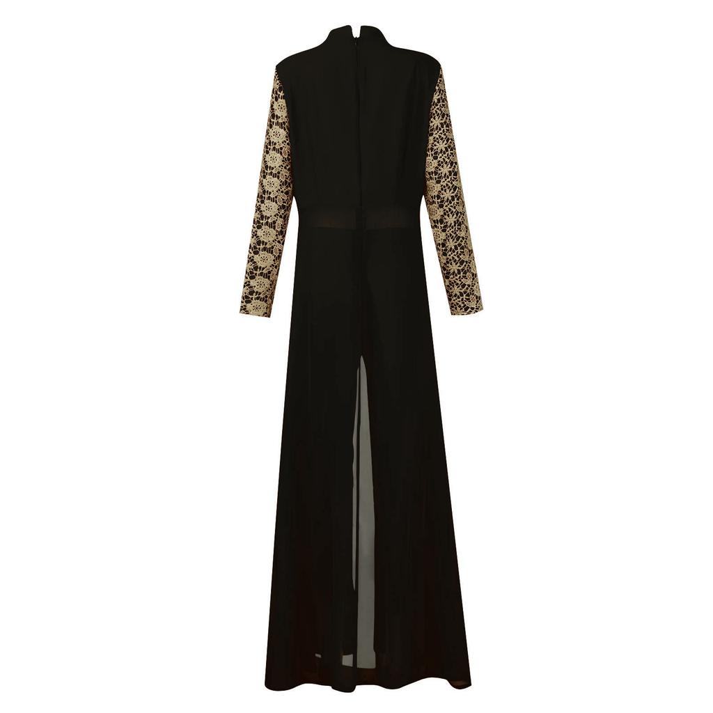 Женское модное кружевное шифоновое платье со стоячим вырезом в винтажном стиле, длинное платье с длинными рукавами и кружевной панелью на талии