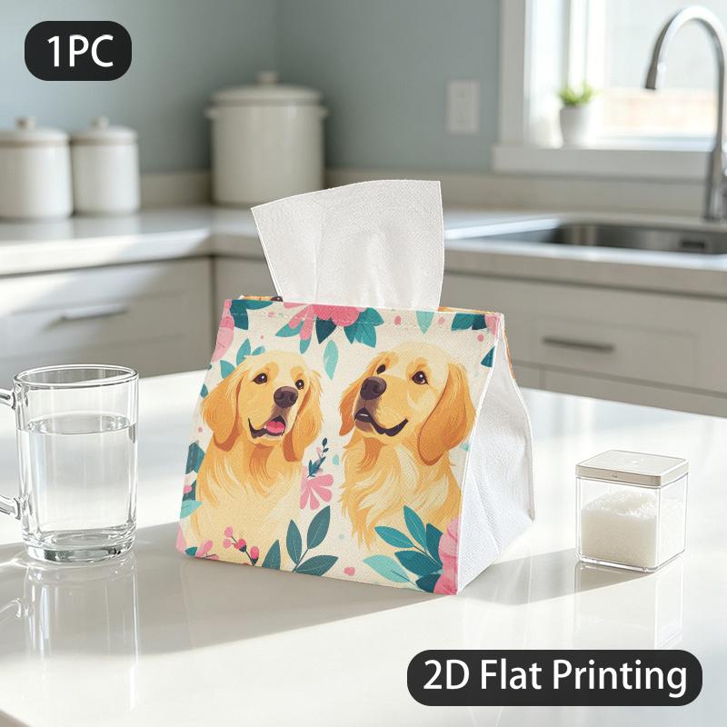 1pc Tissue Box, Flat Style Golden Retrievers Floral Joy Pattern, 2D Flat Printing, Blocks Dust, Take Anywhere, Tissue Bag, for The Coffee Table, 2D Fl