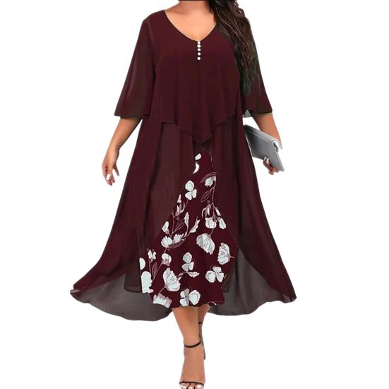 Midi Dress Swing Up Large Hem Trendy Floral Pattern Female Long for Work