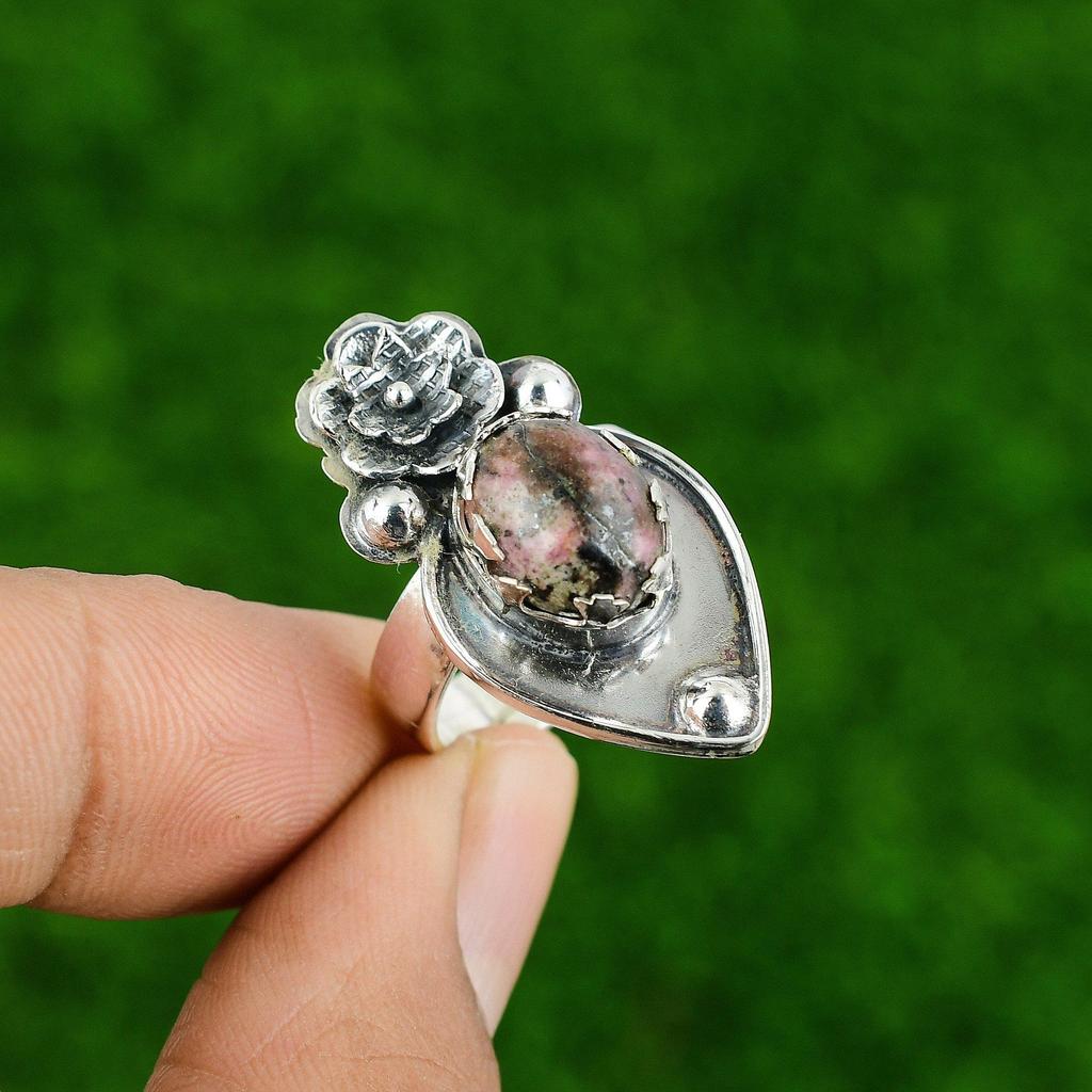 Natural Rhodonite Gemstone 925 Silver Stackable Flower Adjustable Ring For Women