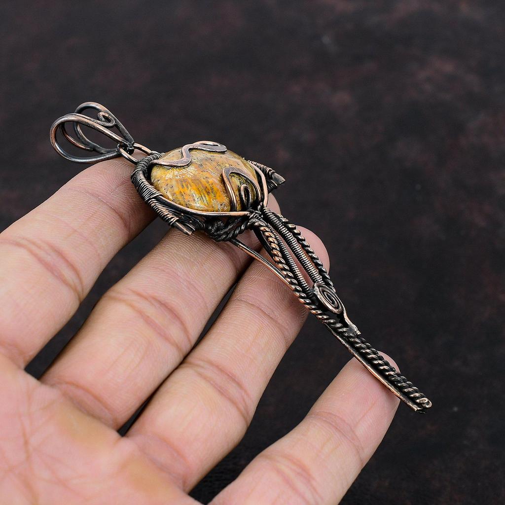 Подвеска из ископаемого коралла, подвеска из медной проволоки, драгоценный камень, ручная работа, медные украшения, стильный кулон, натуральный ископаемый коралл, подарок для мамы