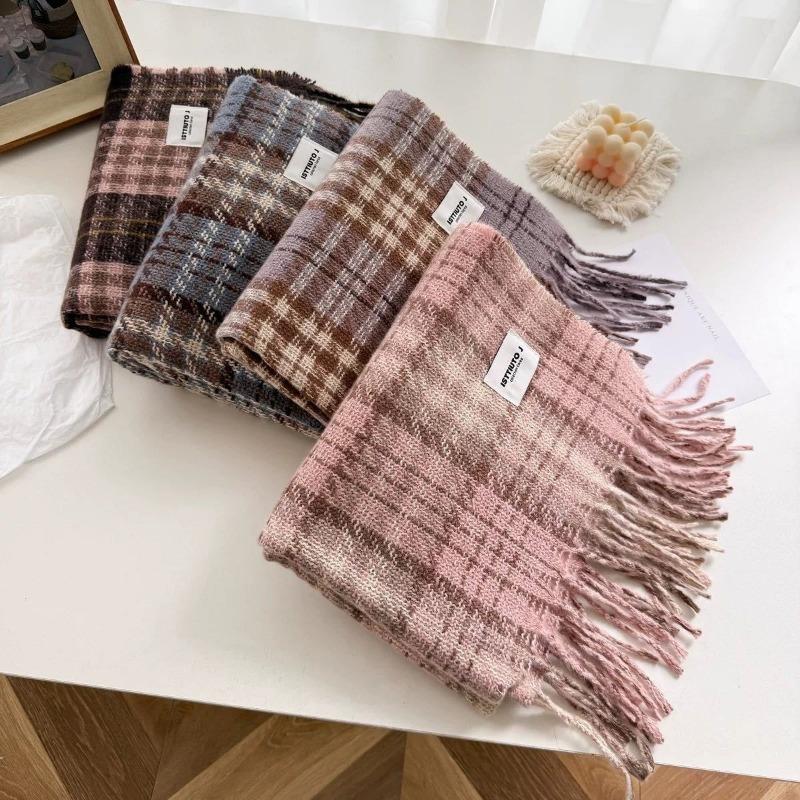 Women S Winter Plaid Scarf Faux Cashmere Warm Tassel Shawl Couple Style