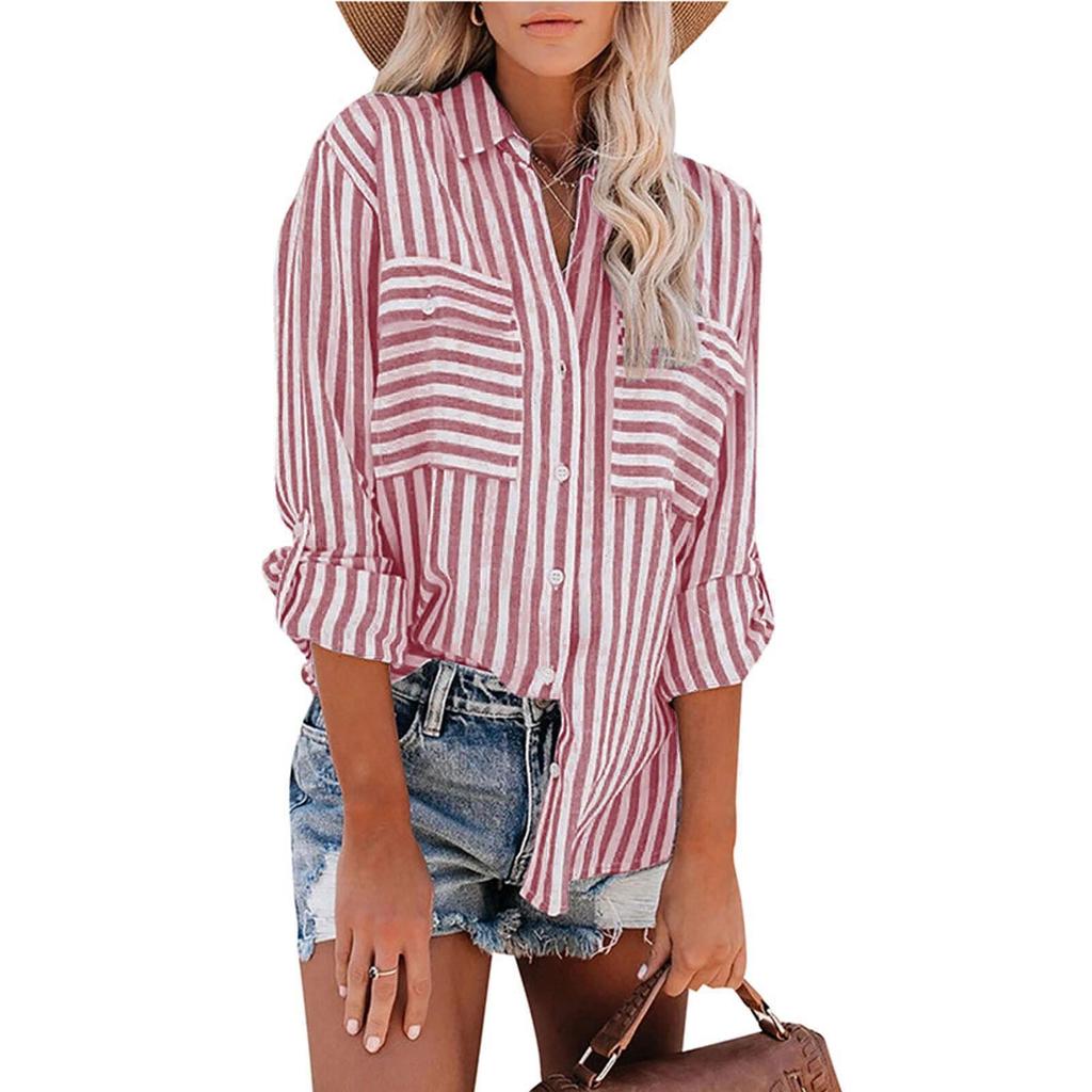 2024 Spring/Summer Women's Striped Cotton-Polyester Long-Sleeve Shirt