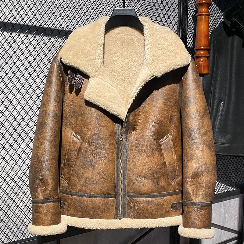 Genuine Sheepskin Leather B3 Bomber Jacket Mens Winter Fur Lined Thick Warm Flying Coat