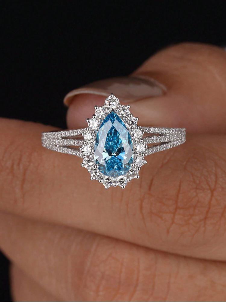 925 Sterling Silver Vintage Fashion Sea Blue Pear Zircon Ring For Women Engagement Wedding Simple High Quality Fine Jewelry