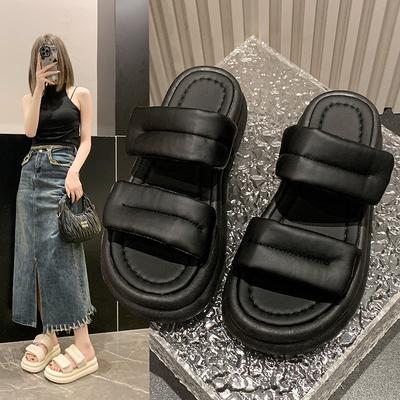 Лето 2025 Массивные сандалии Женские Толстая подошва Клиновидный каблук Шлепанцы 8 см Высокий каблук Платформа Кожа Повседневные Пляжные Шлепанцы Женские