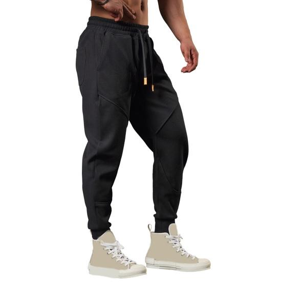 Spring Fall Men Pants Loose Drawstring Elastic Waist Pockets Ankle-banded Solid Color Patchwork
