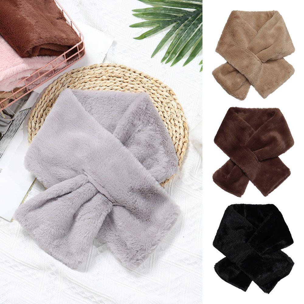 Women Shawl Faux Rabbit Fur Plush Neck Warmer Neckerchief Wrap Cross Scarf Solid Color
