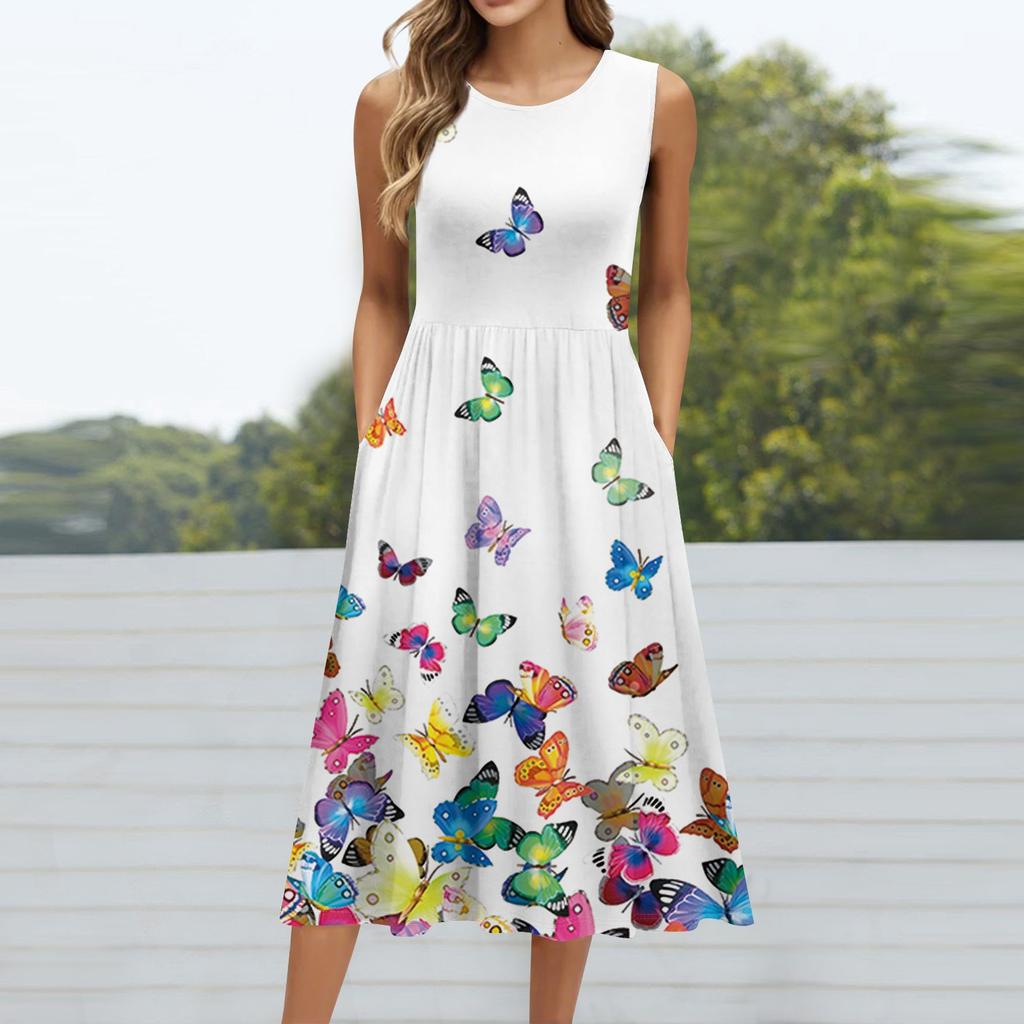 Женское модное платье средней длины с круглым вырезом и принтом без рукавов