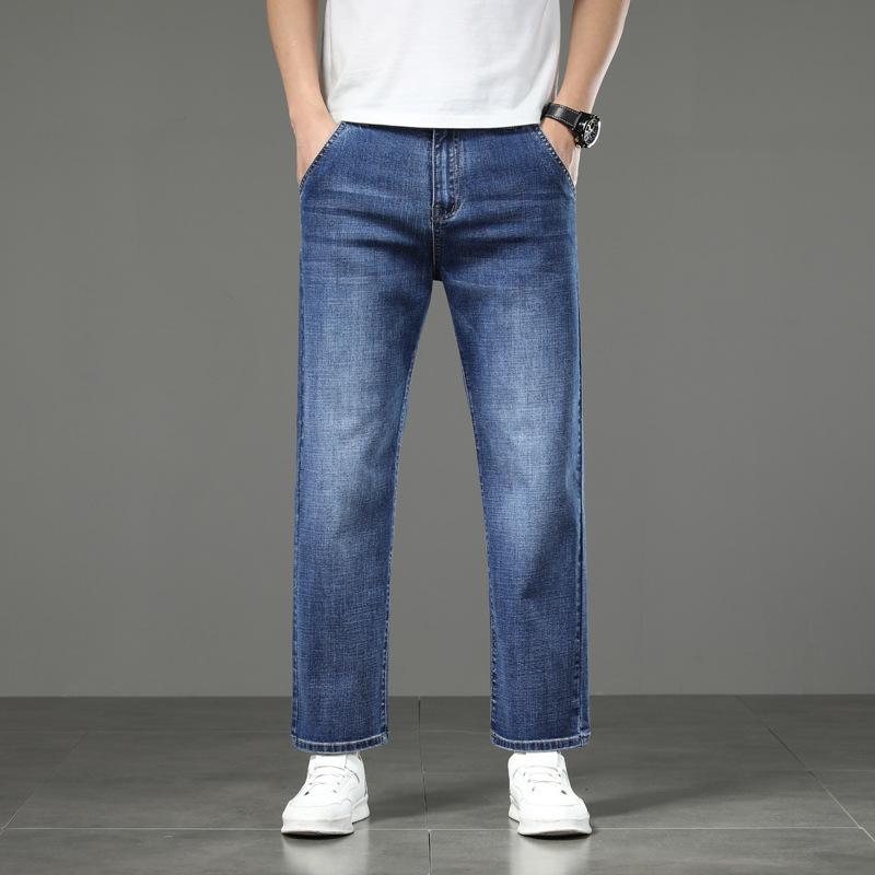 Джинсы мужские больших размеров прямого кроя стрейч в деловом стиле, свободные повседневные брюки, укороченные брюки облегающего кроя