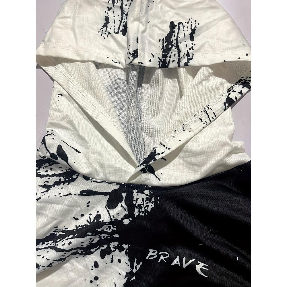 Модный черно-белый принт с буквами, универсальный, с длинными рукавами и капюшоном для мальчиков, детский топ с капюшоном, подходящий для повседневной одежды на открытом воздухе