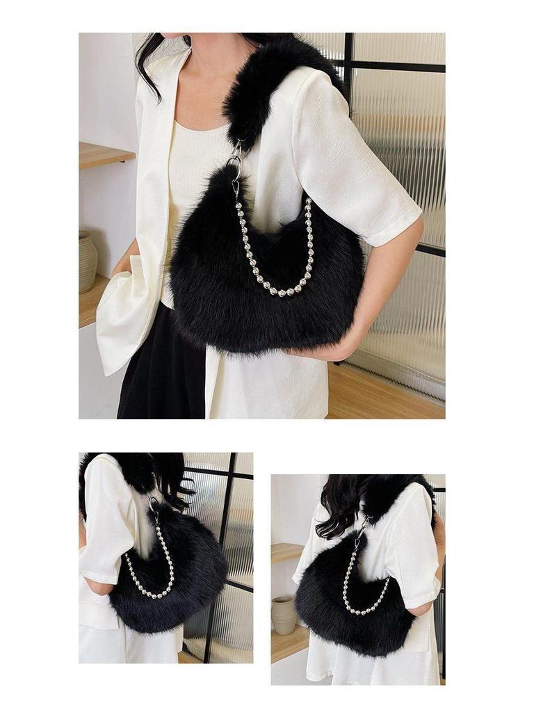 Autumn/Winter Faux Fox Fur Plush Shoulder Bag with Pearl Chain