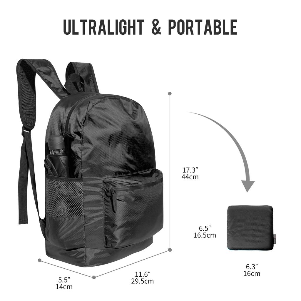 [pack All] Lightweight Backpack, Foldable, Water-repellent, Hiking Daypack, 18L, Compact, Outdoor, Travel, Convenient Item (black)