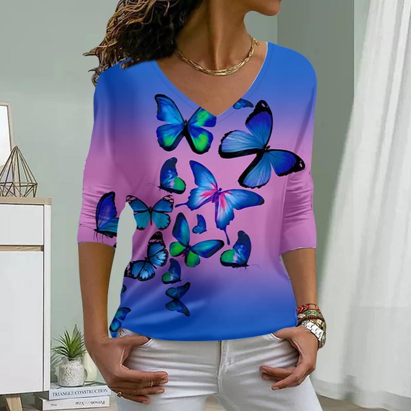 Orange Butterfly Print Women Tshirts Ladies Tops Long Sleeve V-neck Pullover Femme T-shirts T Shirt For Women