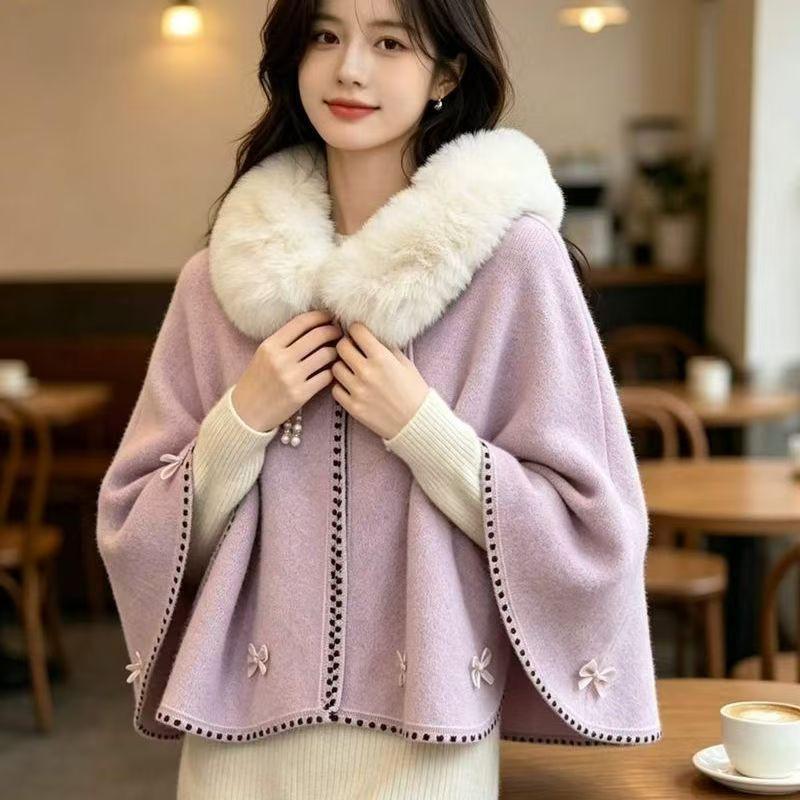 Winter Chinese Style Butterfly Embroidery Cape Warm Faux Fur Shawl Women