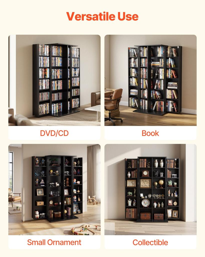 Media Storage Cabinet, 6-Tier DVD Shelf Organizer, 610 x 368 x 1270 mm Multimedia Storage Organizer for CDs, DVDs, Books, Games, CD Shelf for Living