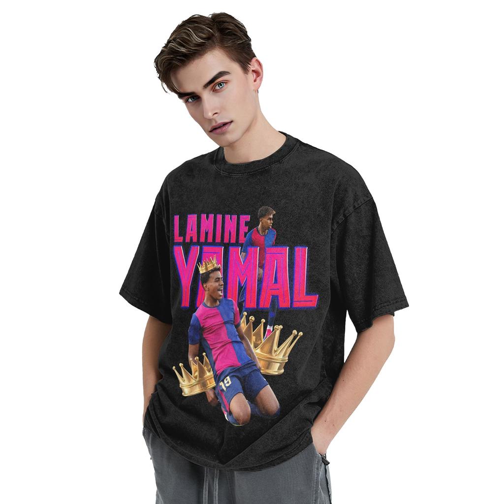 Lamine Yamal No19 Washed Distressed Football Graphic T Shirt Hip Hop Oversized Unisex Short Sleeve Summer Streetwear Fan Tee