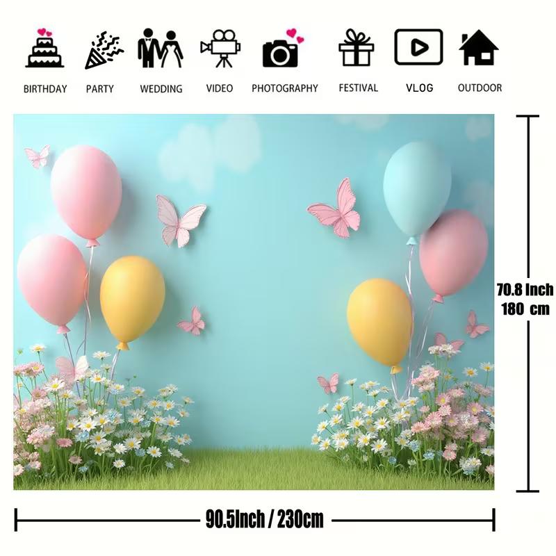 2D Cute Pastel Balloon Backdrop, Pink Butterfly & Wildflower Photography Background for Festival & Photo Booth