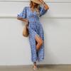 Women Casual Bohemian Beach Floral Print V-neck Short Sleeve A-Line High Waist Elastic Ankle-Length Slit Spring Summer Dress