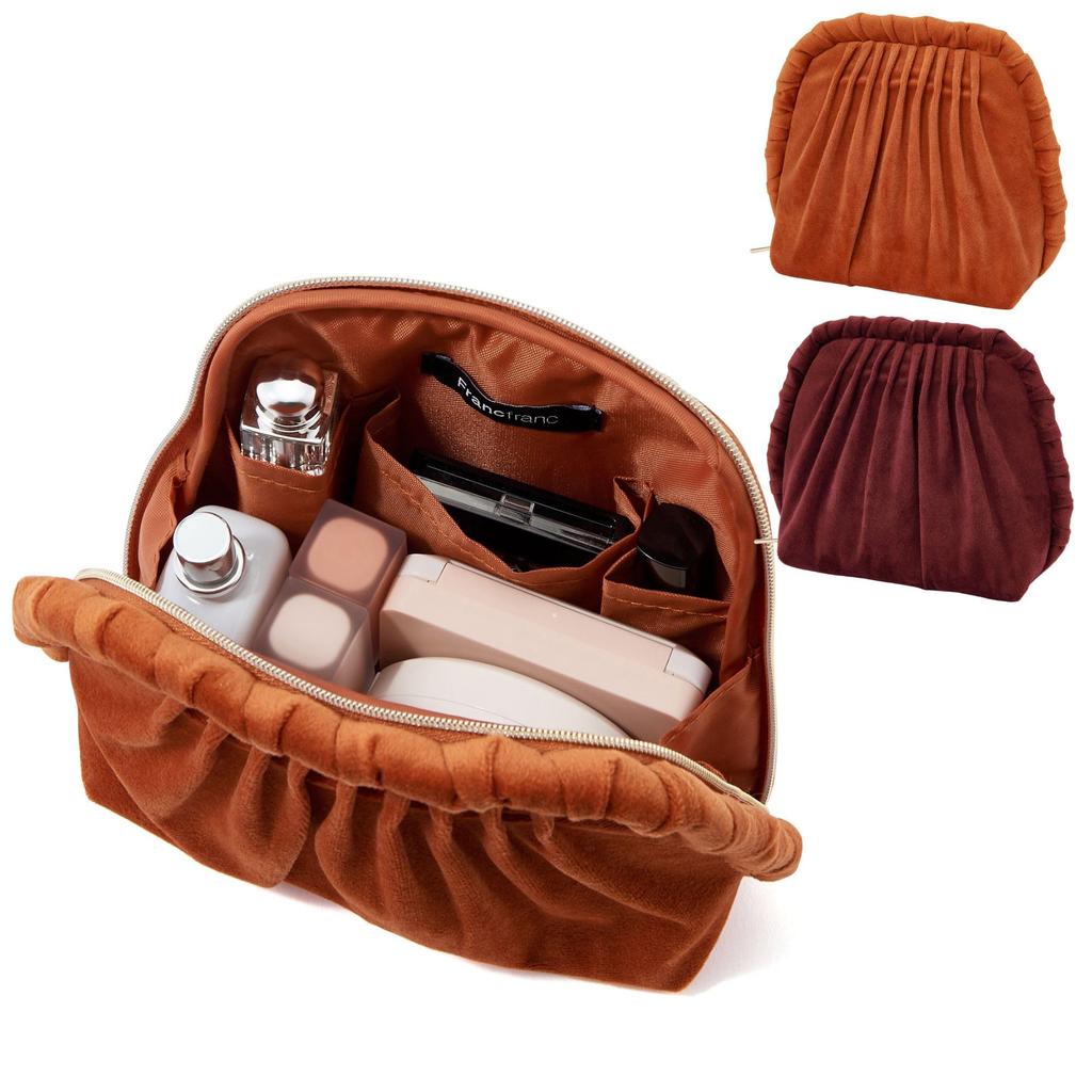 Francfranc Velour Pleated Stand Freestanding Cosmetic Makeup Storage Pouch, Orange, Stand-Up Style, Pouch,