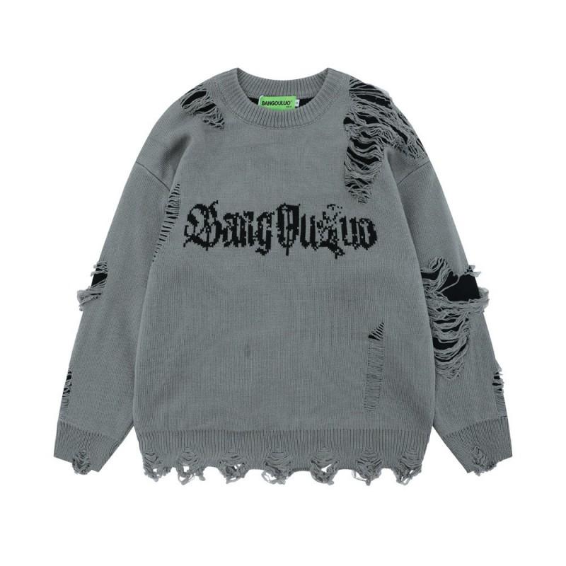 Mens Relaxed Fit Crewneck Knit Sweater With Jacquard Distressed Details Casual Long Sleeve Pullover Youth