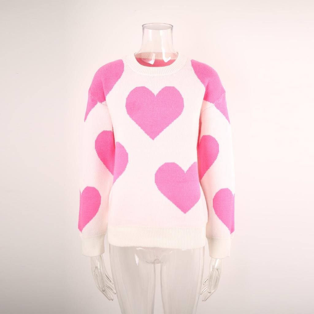 Женский свободный повседневный модный свитер с круглым вырезом и сердечком, вязаный свитер-рубашка