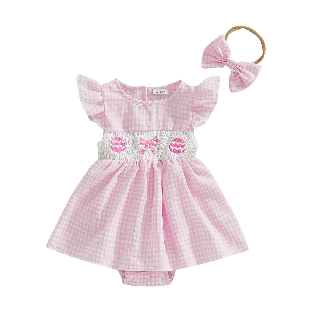 Baby Girls Easter Romper Dress Plaid Printed Flying Sleeve Round Neck Jumpsuit with Bow Headband