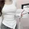 Футболка с U-образным вырезом и длинным рукавом в корейском стиле - Женский весенне-летний облегающий однотонный универсальный топ