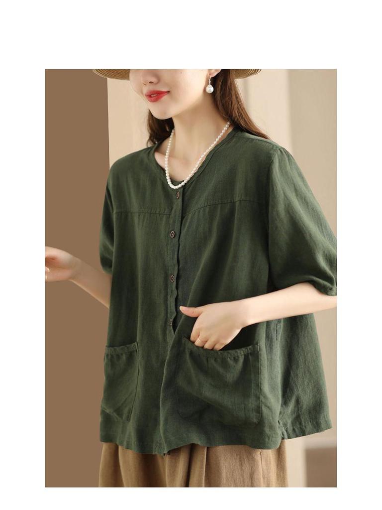 Женская летняя хлопково-льняная рубашка-кардиган с рукавом до середины предплечья 2024 - Повседневный, приталенный, однобортный дизайн