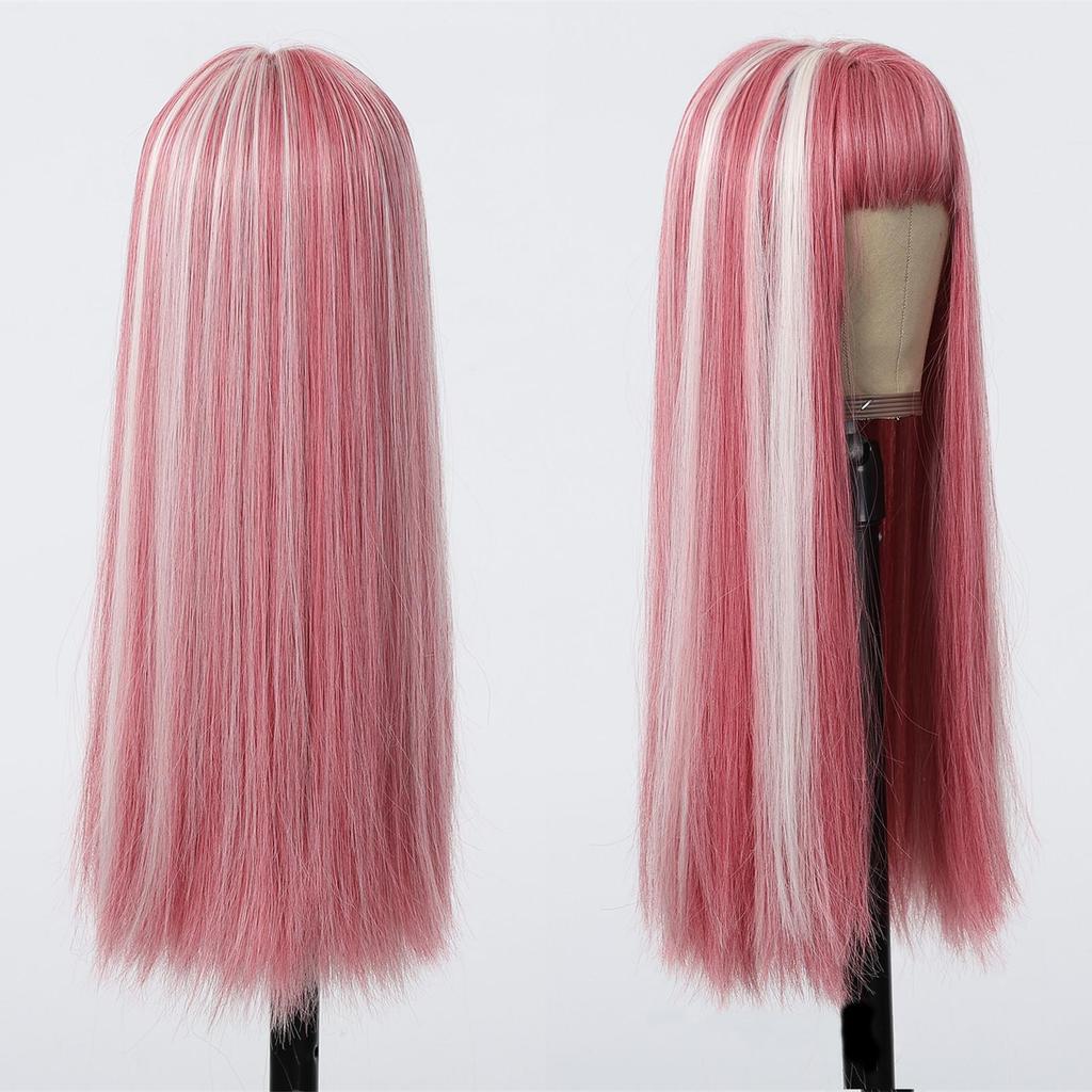 ALAN EATON Pink White Highlight Straight Wig Long Synthetic Wigs with Bangs Mixed Color Pink Party Wig for Women Cosplay Use